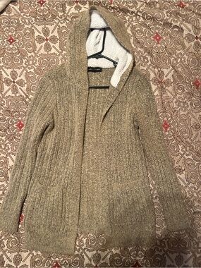 Cozy Hooded Ribbed Cardigan Sweater - Taupe Medium